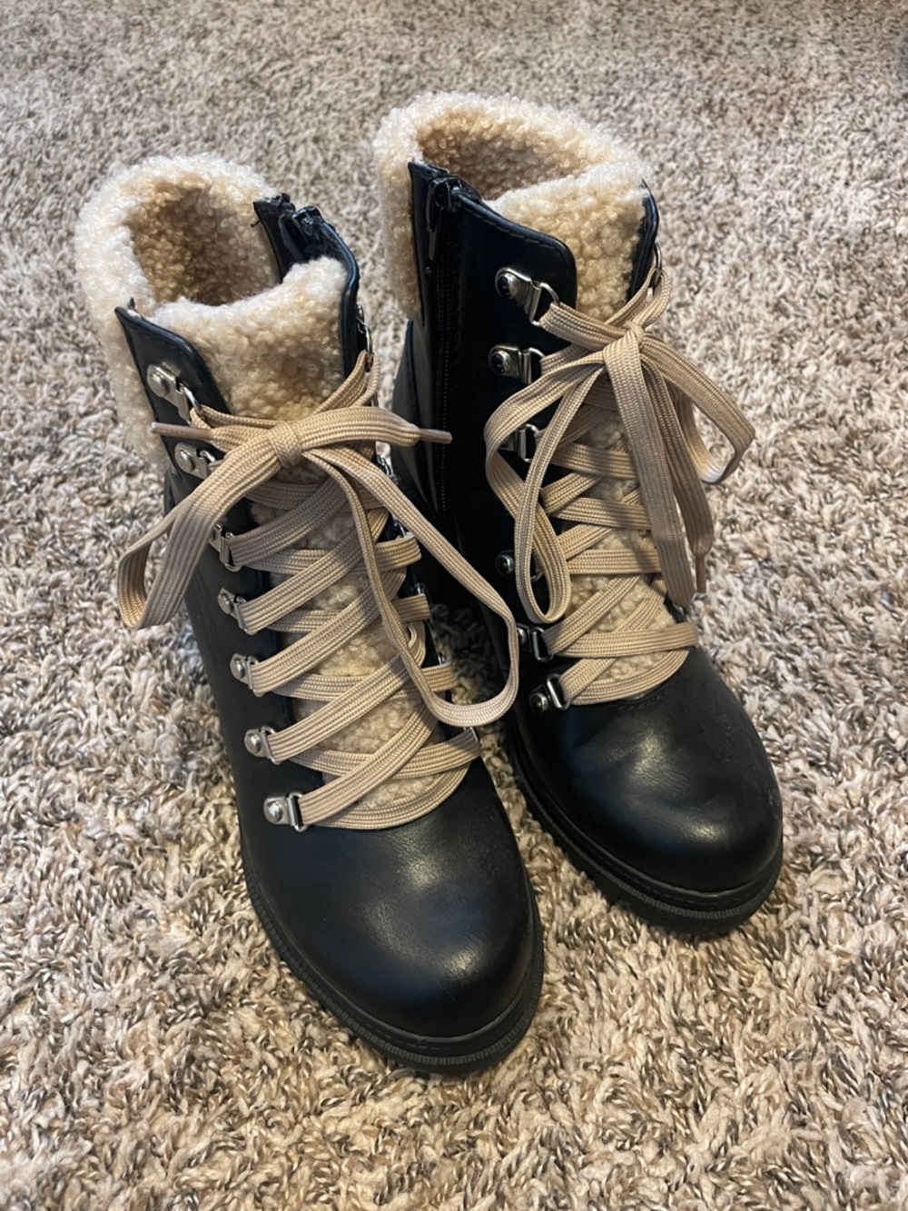 Soda Black Lace-Up Sherpa Boots with Beige Laces